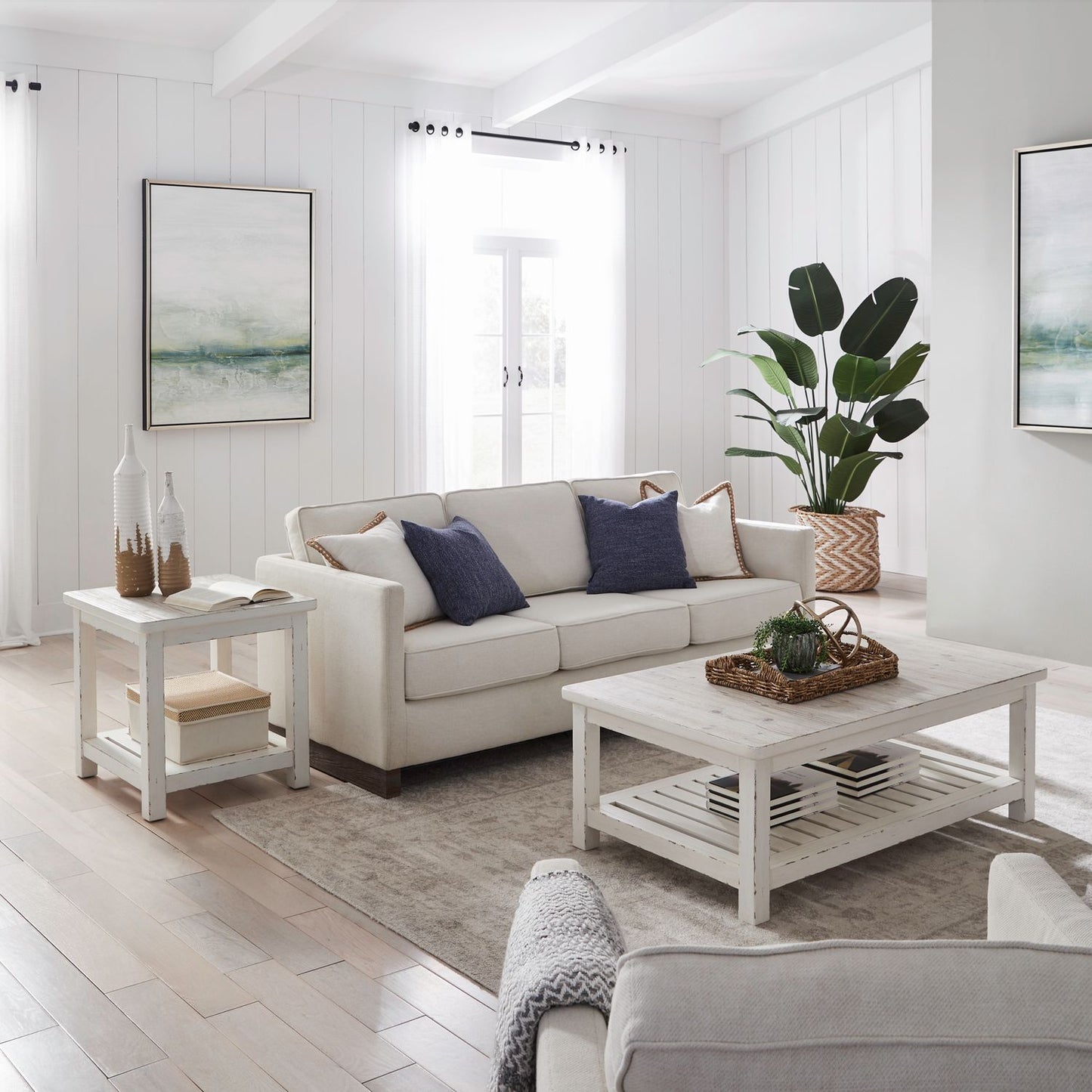 Backroads - 3 Piece Table Set (Rectangular Cocktail Table & 2 End Tables)- Weathered White & Parchment Brown