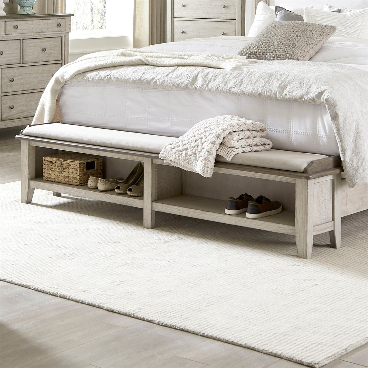 Ivy Hollow - King Upholstered Bench Footboard - Weathered Linen / Dusty Taupe